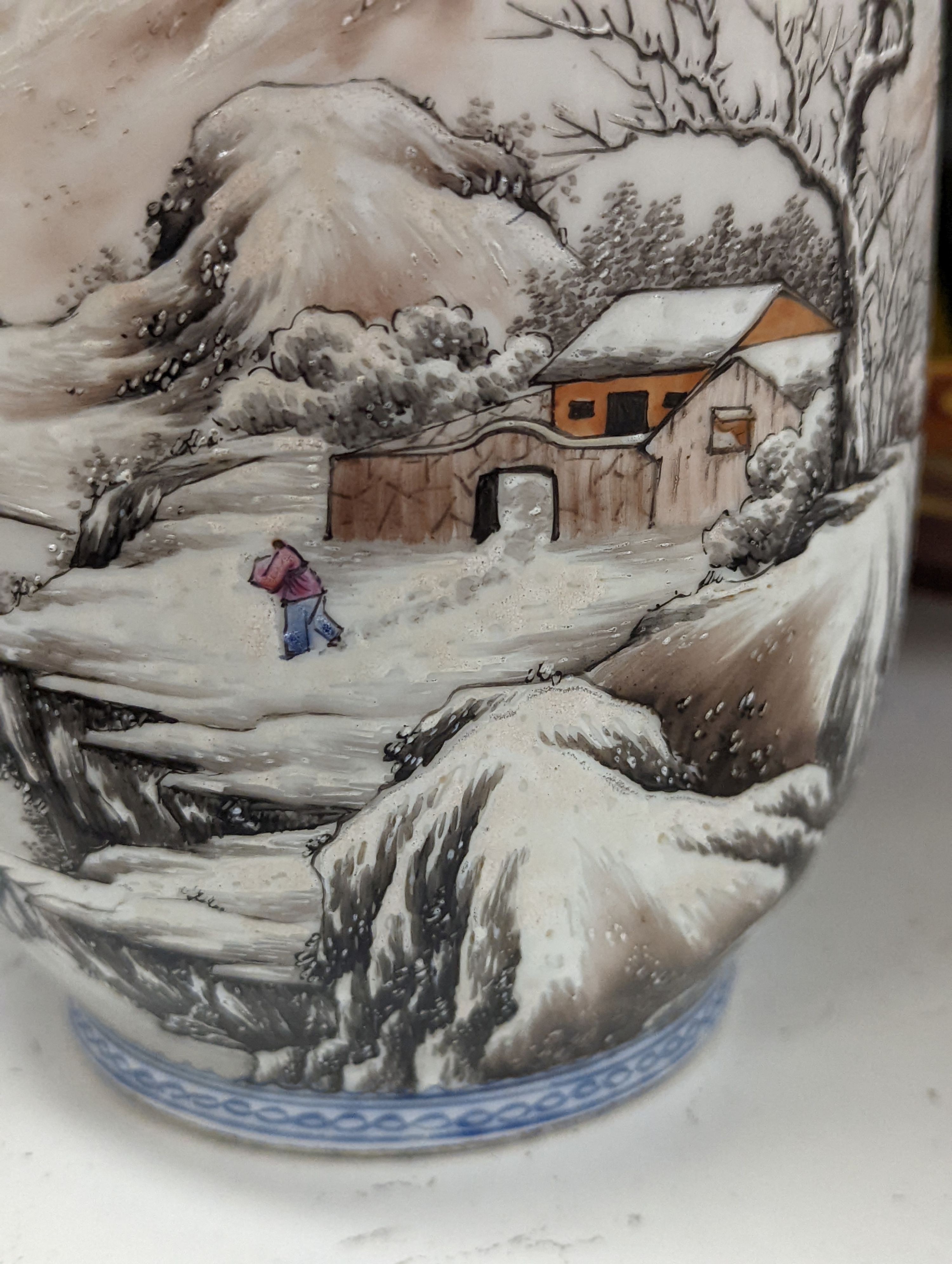 A mid 20th century Chinese enamelled porcelain winter landscape vase - 26cm tall including stand